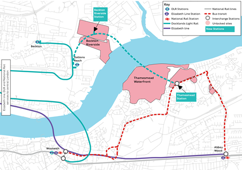 London Thamesmead Docklands Light Railway extension and bus rapid transit proposal map