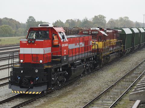 Rebuilt EVR Cargo C30-M locomotive 1564 and original US-built 1528 hauling a Russia-bound freight train near Tapa (Photo: CZ Loko/Raul Mee).