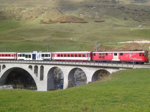 Matterhorn Gotthard Bahn train with low-floor coach.