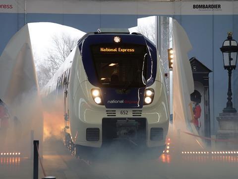 The first Talent 2 electric multiple-unit for National Express rolls out at Bombardier's Henningsdorf plant (Photo: Bernd Piplack).