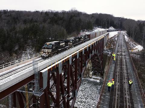On December 11 an eastbound Norfolk South general merchandise train became the first revenue service to cross the replacement Portageville Bridge.