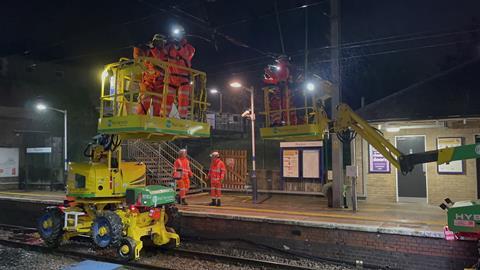 Network Rail engineers working on the overhead line equipment at Royston (Photo Network Rail)