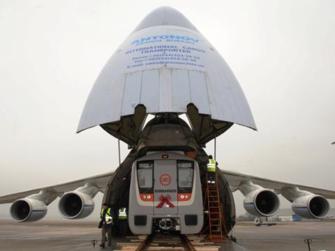 Delho Metro car being loaded onto an Antonov heavy-lift aeroplane.