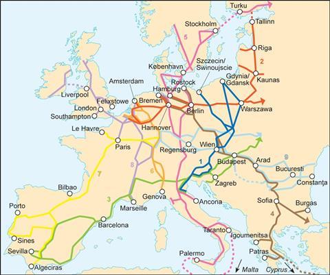 Map of the core trans-European transport network corridors (Copyright: Railway Gazette International)