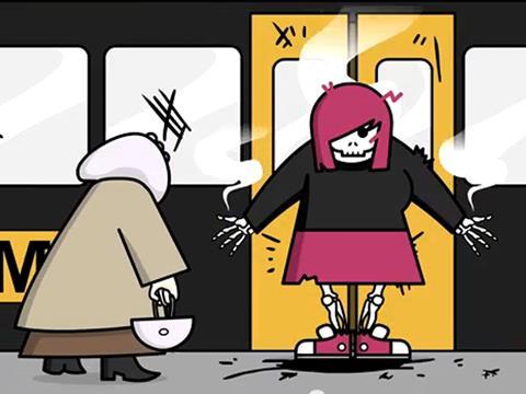 Screenshot of Tyne & Wear Metro 'Use your brain near a train' door safety video.