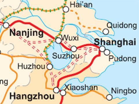 Map of Yangtze delta high speed lines (copyright Railway Gazette International).