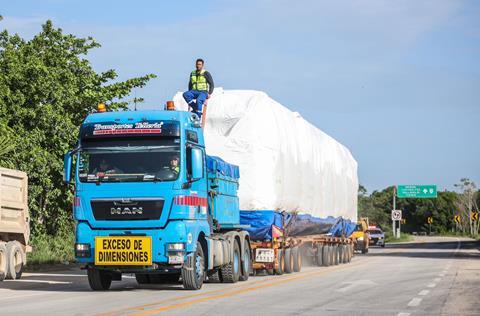 First Tren Maya train on a lorry