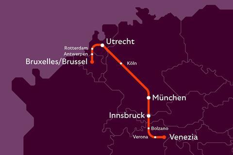 European Sleeper map Brussels Venezia