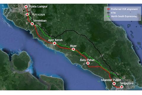 Map of the planned 350 km Kuala Lumpur – Singapore high speed rail line.