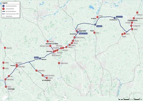 Map of East West Rail preferred route alignment from Oxford to Bletchley, Milton Keynes, Bedford and Cambridge