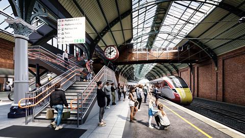 CGI looking down Platform 1 and up new staircase with historic clock at Darlington (Image Network Rail)