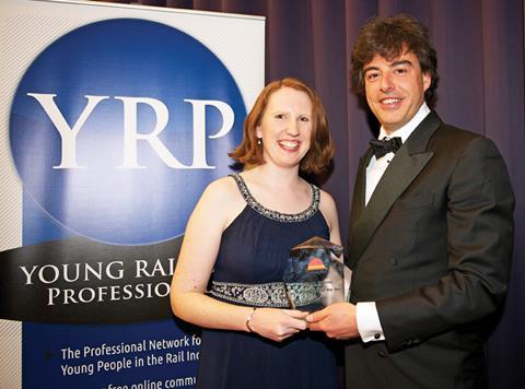 Winner: Colas Rail’s Chief Executive, Europe, Charles-Albert Giral congratulates Young Railway Professional of the Year Lucy McAuliffe of Network Rail.