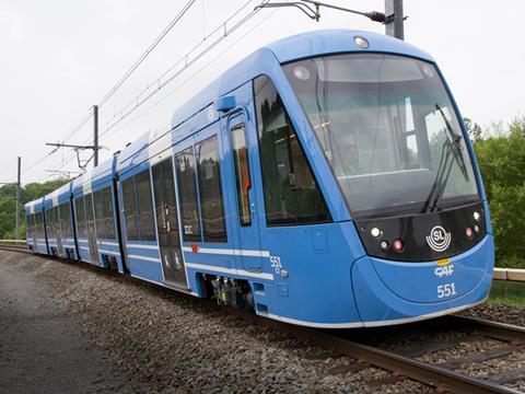 CAF Urbos Axle A36 low-floor light rail vehicle for Stockholm operator SL.