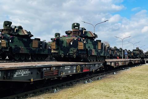 US armoured vehicles on train in Germany