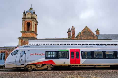 Greater Anglia Stadler Flirt at Bury St Edmunds (Photo Greater Anglia)