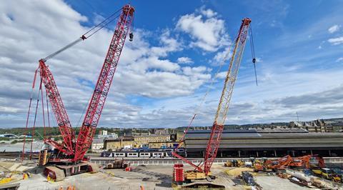 Cranes at Huddersfield ready to lift new decks for replacement of John William Street Bridge