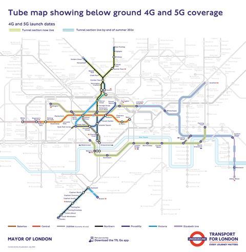 TfL Image - Tube map showing below ground 4G and 5G coverage July 2024