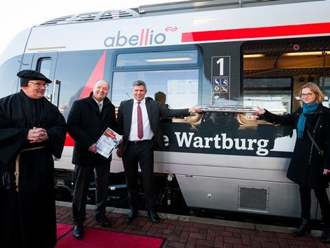 Guests including Mayor of Eisenach Katja Wolf and 'Martin Luther' attended a ceremony on December 8 to name a Talent 2 EMU used on Abellio's Saale-Thüringen-Südharz-Netz services 'Die Wartburg'.