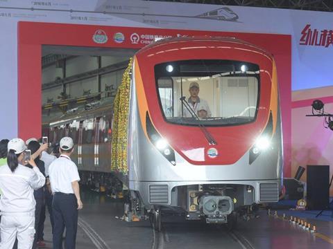 The first metro trainset  for the Lahore Orange Line is rolled out at CRRC Zhuzhou Locomotive’s plant in China.