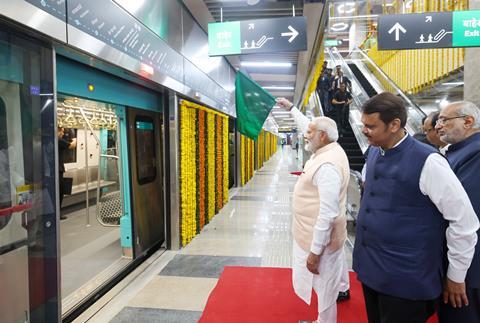 India’s Prime Minister Narendra Modi opened the first 12·7 km section of Mumbai Metro’s Aqua Line, or Line 3, flagging off a service at Bandra-Kurla Complex station