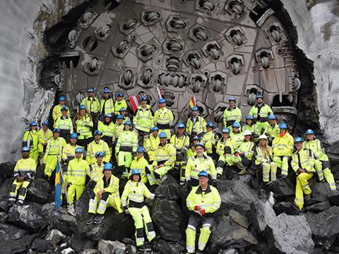Construction teams from Bane NOR and lead contractor Skanska-Strabag celebrate the TBM breakthrough on August 29.