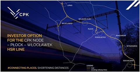 The government plenipotentiary for the CPK multimodal transport project has approved the preferred route for a 150 km high speed line from the future hub airport north to Płock and Włocławek.