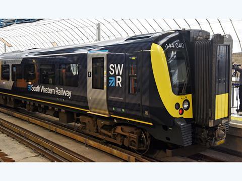 A Siemens Class 444 EMU has been unveiled in the SWR livery. Photo: Tony Miles